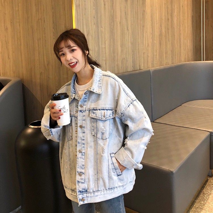 Áo khoác jean Ulzzang rách nhẹ form oversize Hàng Quảng Châu