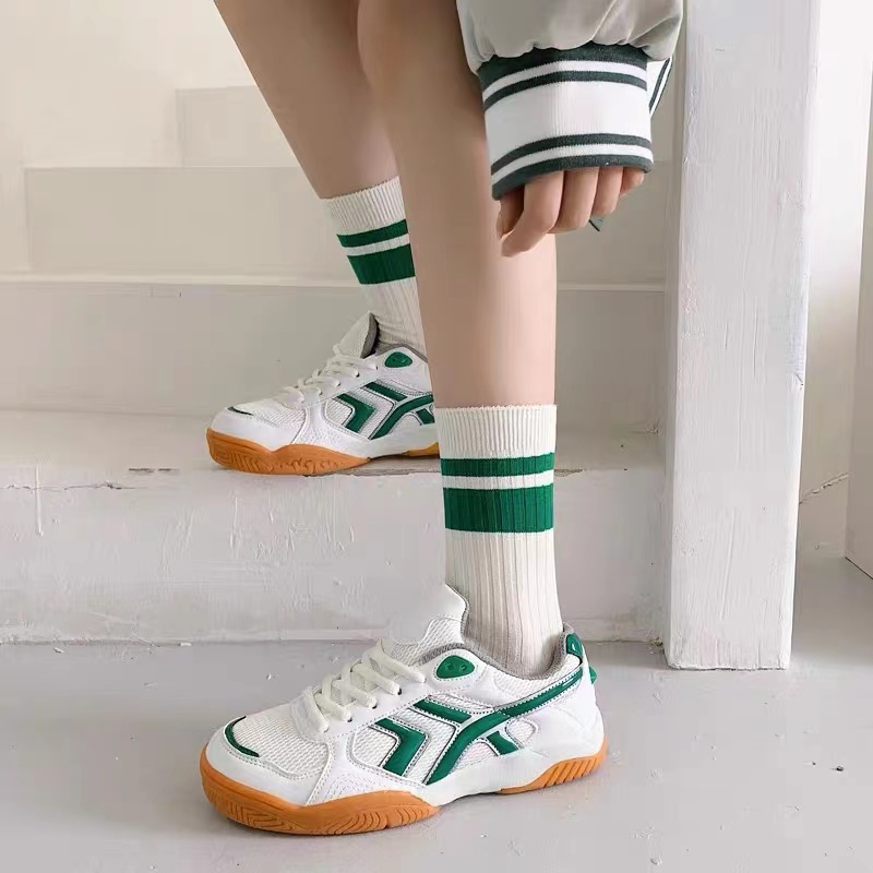 Vớ Cổ Trung Họa Tiết Kẻ Sọc Màu Xanh Lá Phong Cách Hàn Quốc Thời Trang Cho Nữ