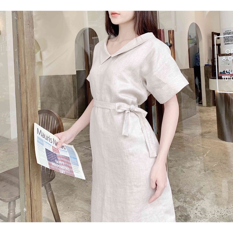 Đầm linen tưng Premium cổ bẻ thắt eo