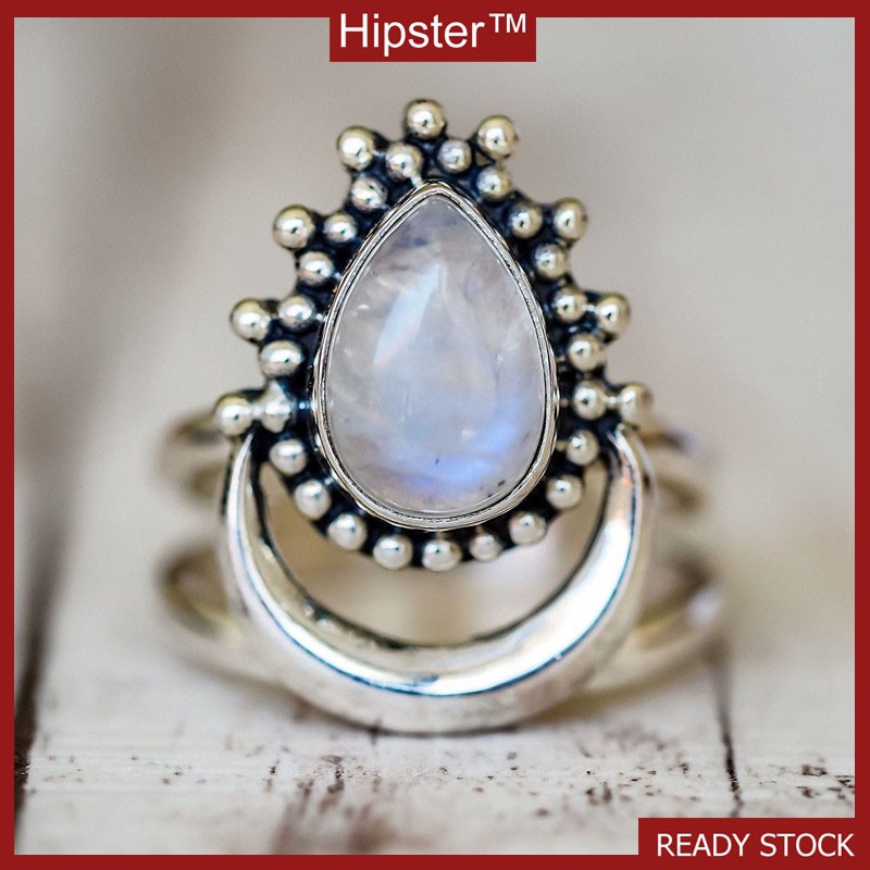 Phong Cách Mới Dát Đá Mặt Nhẫn Bạc Vintage Trang Sức