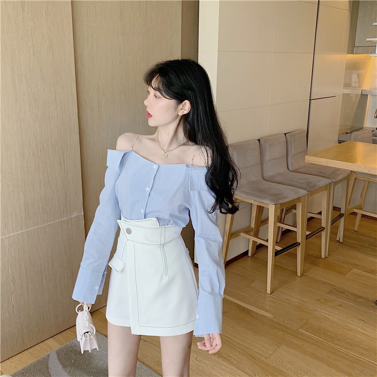 (ORDER) Áo sơ mi trễ vai + quần shorts viền giả váy _ ulzzang style