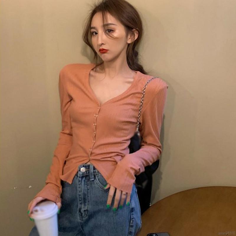 Áo Cardigan Dệt Kim Mỏng Tay Dài Cổ V Thời Trang Mùa Thu Cho Nữ