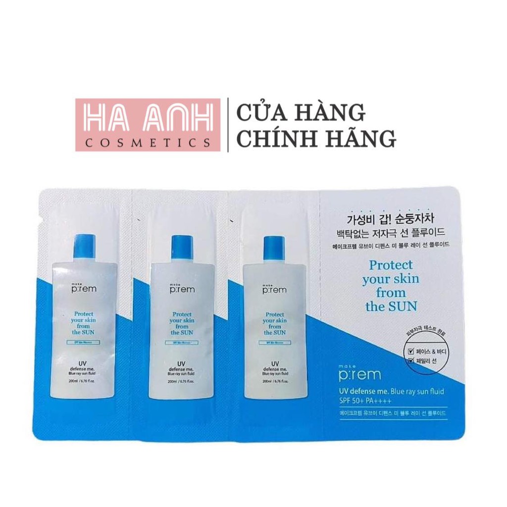 (H.S.D T8.2022) Sample Kem Chống Nắng Vật Lý Make P:rem UV Defense Me Blue Ray Sun Fluid SPF 50+ PA++++ Dạng Sữa