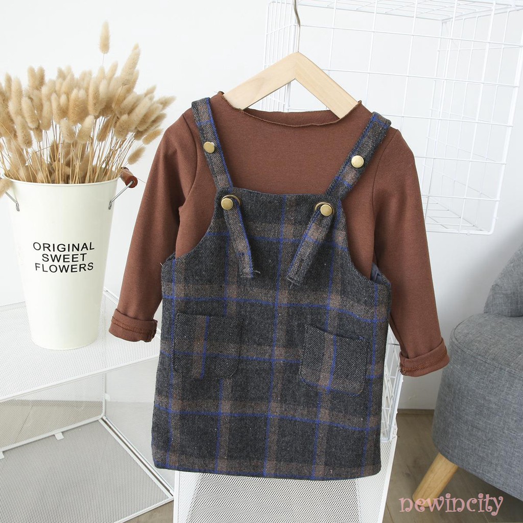 Korean Girls Dress Set Autumn Kids Long Sleeve Blouse + Strap Plaid Short Dress Casual Set