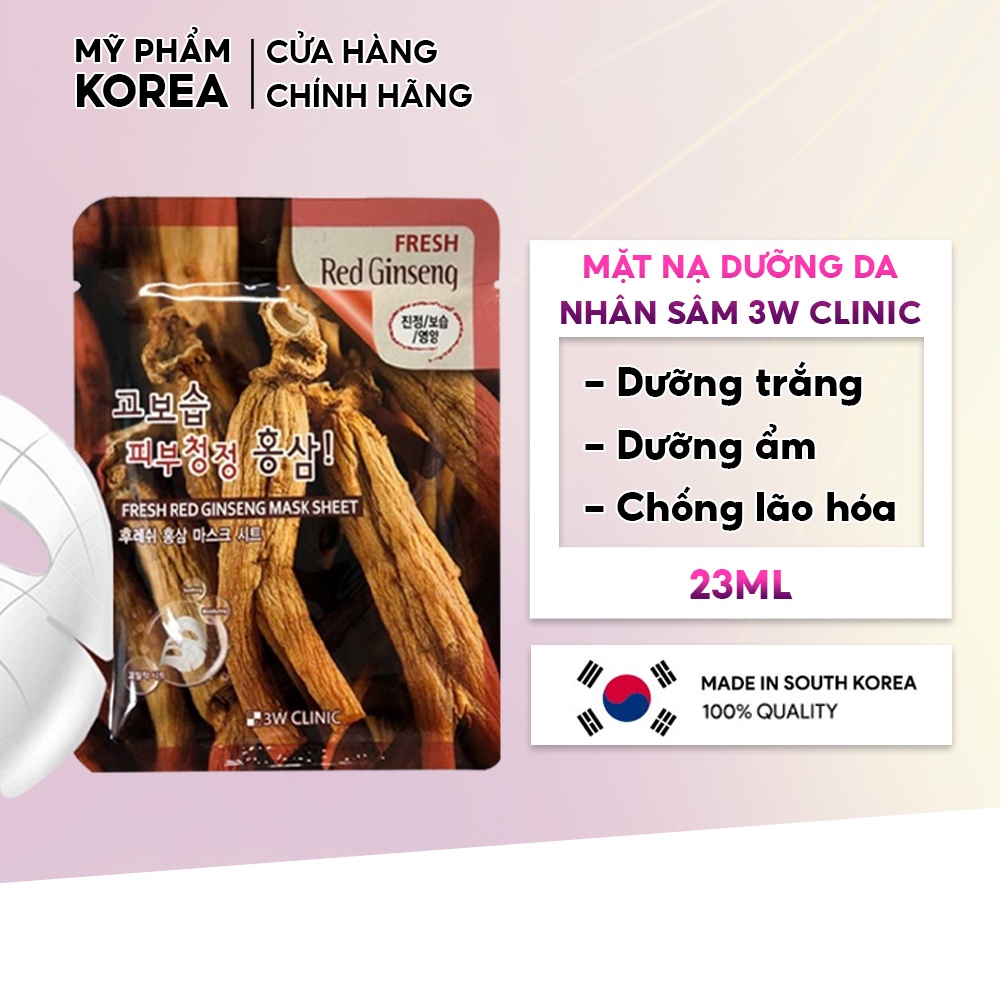 Mặt nạ giấy dưỡng da chiết xuất nhân sâm 3W Clinic Hàn Quốc 23ml giúp da trắng sáng mềm mại tăng độ đàn hồi, chống nhăn