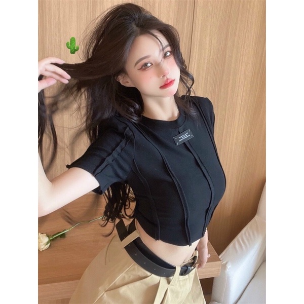 Áo croptop tay lỡ logo thêu trước ngực chất thun gân dày dặn