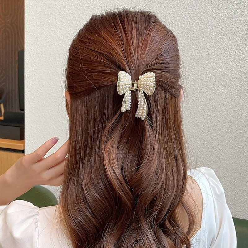 Kẹp Tóc Hình Nơ Bằng Kim Loại Đính Ngọc Trai Giả Thanh Lịch