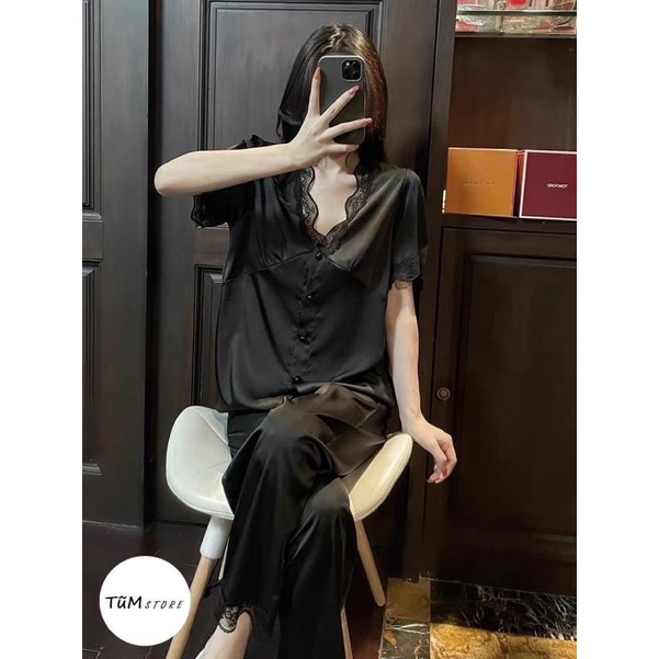 Bộ lụa cổ ren tay ngắn