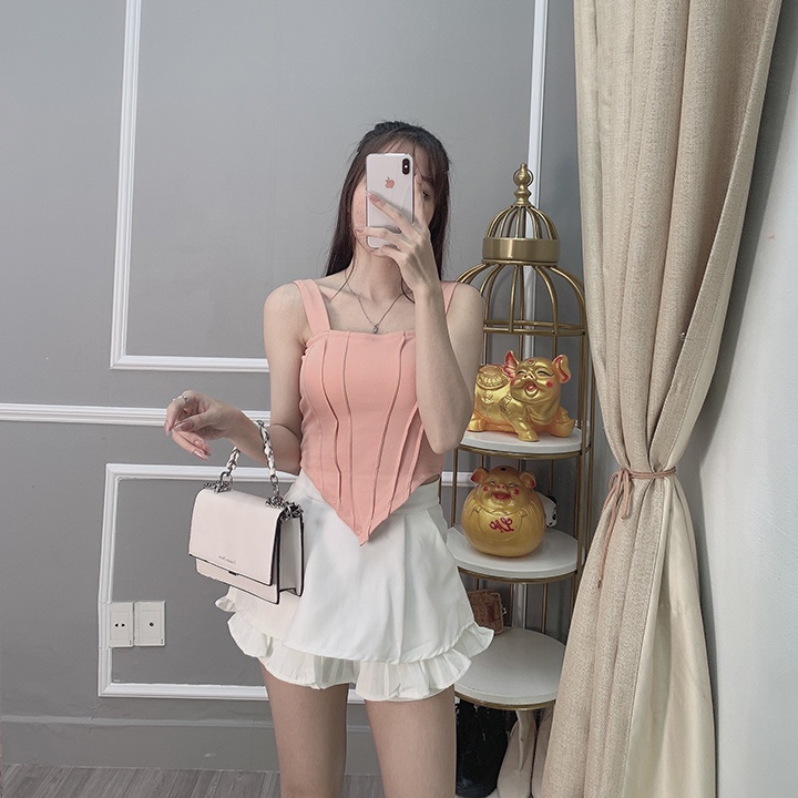 Chân váy ngắn xòe xếp ly 2 tầng màu trắng đi chơi có quần lót trong
