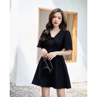 Đầm váy đen cổ vest xếp li eo freesize