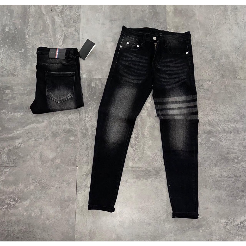 Quần jean nam MH MEN STORE,Quần jean nam màu đen rách vá da đen ngay gối ms500
