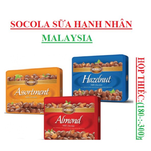 Quà Tặng, Biếu ] Sô Cô La Hạnh Nhân Almond Rossco Hazelnut - Malaysia ( Hộp Thiếc 300g )
