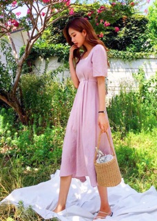 Đầm váy hồng cổ U form dài (kèm hình thật)