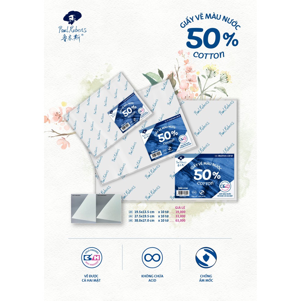 TẬP 10 tờ Giấy Vẽ Màu Nước Paul Rubens 50% cotton 300gsm