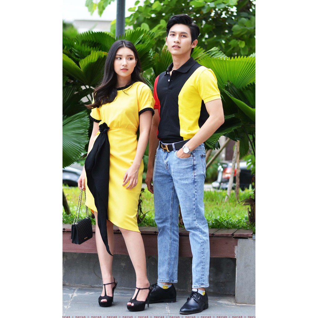 Đồ đôi Đầm Thun Couple Strong Shoulder Polo &amp; Black Band Yellow Dress HAVIAS