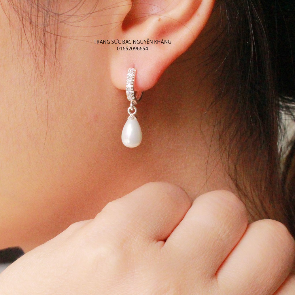1 đôi Khuyên tai bạc nữ dáng dài gắn ngọcc traii hình giọt nước