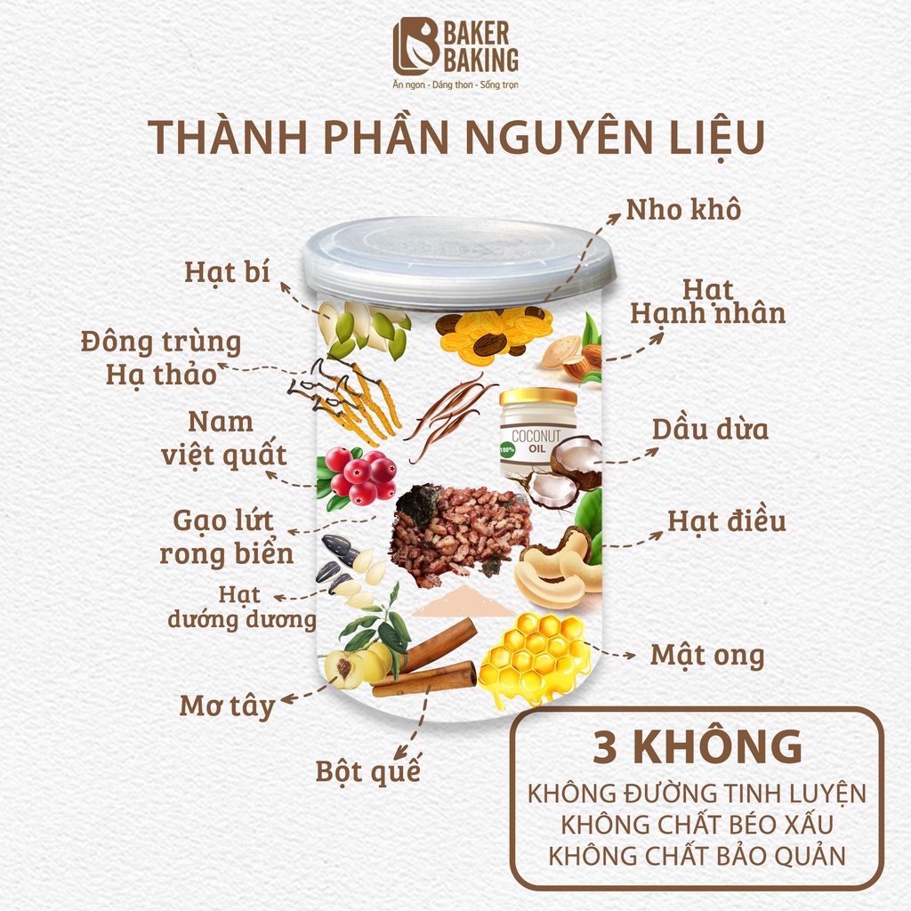 Granola đông trùng Baker Baking không đường, không chất bảo quản dành cho người ăn eatclean, tiểu đường 300g