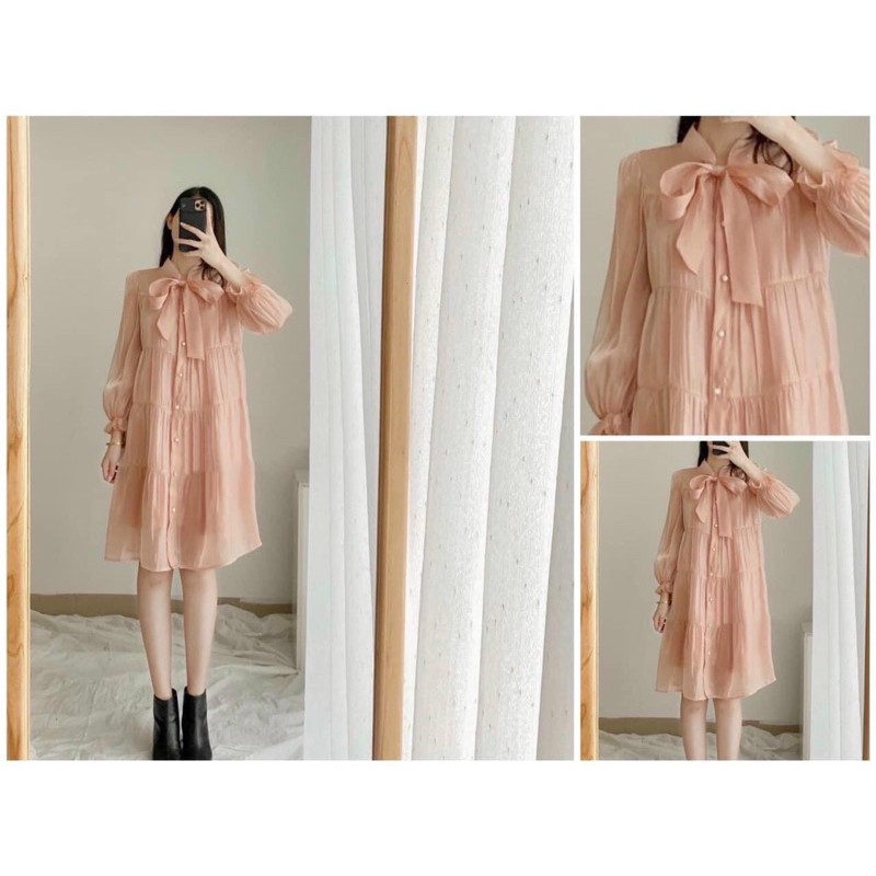 Đầm xoè tầng babydoll nơ cổ siêu yêu (Ảnh thật và video trải sàn)