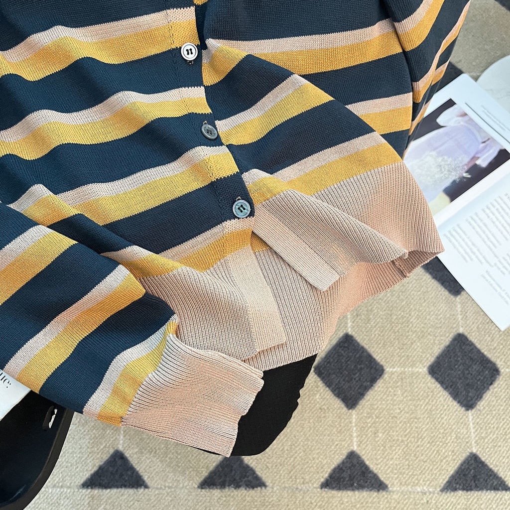Áo Khoác Cardigan Dệt Kim Kẻ Sọc Màu Sắc Tương Phản Thời Trang Cho Nữ