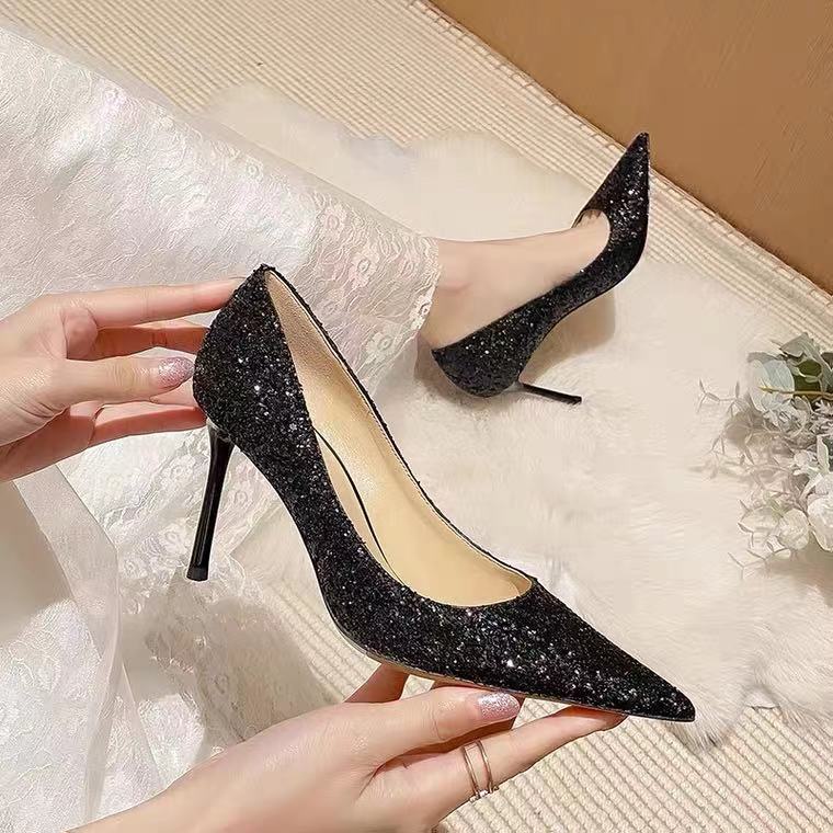 Giày Cao Gót Mũi Nhọn Đính Đá Pha Lê Lấp Lánh Thời Trang Xuân Thu 2021 Cho Nữ