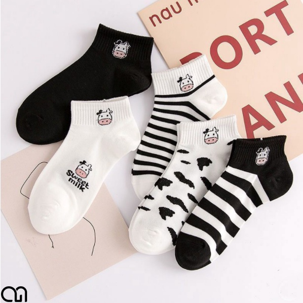 Tất Vớ Cổ Ngắn Nam Nữ Họa Tiết Bò Sữa Cotton Style Phong Cách Hàn Quốc Cao Cấp Giúp Khử Mùi