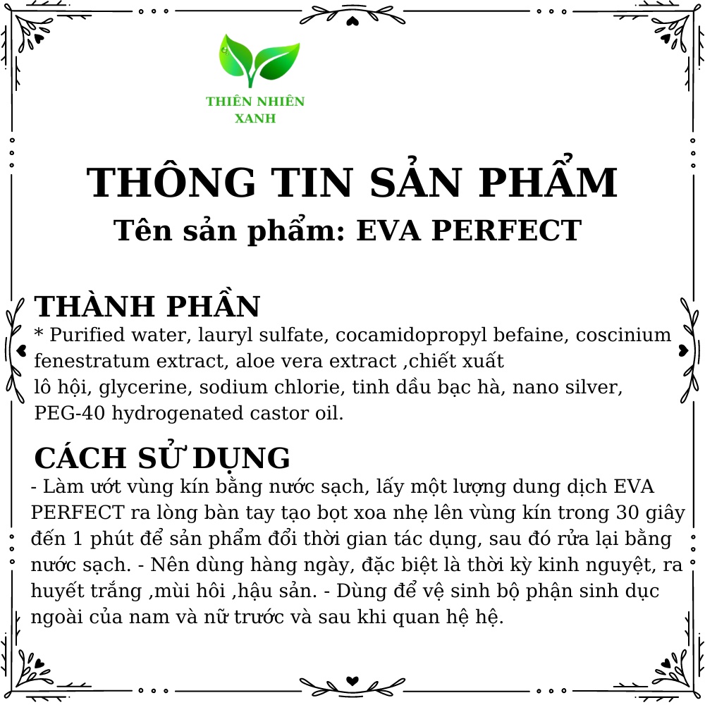 Dung dịch vệ sinh Eva Perfect làm sạch vùng kín,ngăn viêm nhiễm,nấm ngứa,khử mùi hôi,duy trì độ ẩm và cân bằng độ Ph