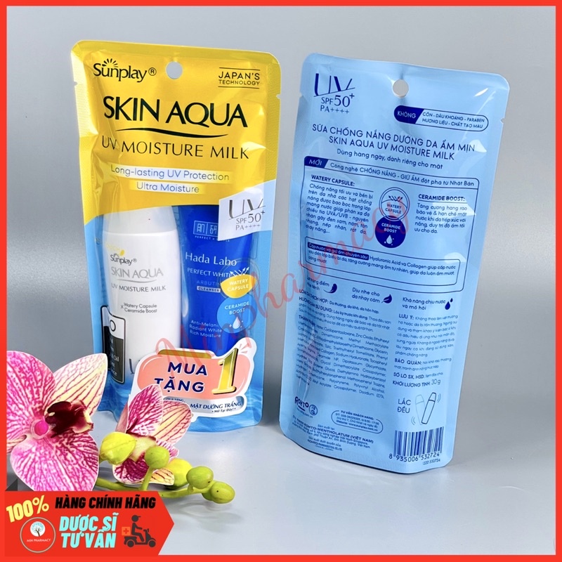 Sữa Chống Nắng SUNPLAY Dưỡng Da Ẩm Mịn 30g Skin Aqua UV Moisture Milk SPF 50+/PA++++ [tặng 1 SRM Hada Labo perfect 20g]