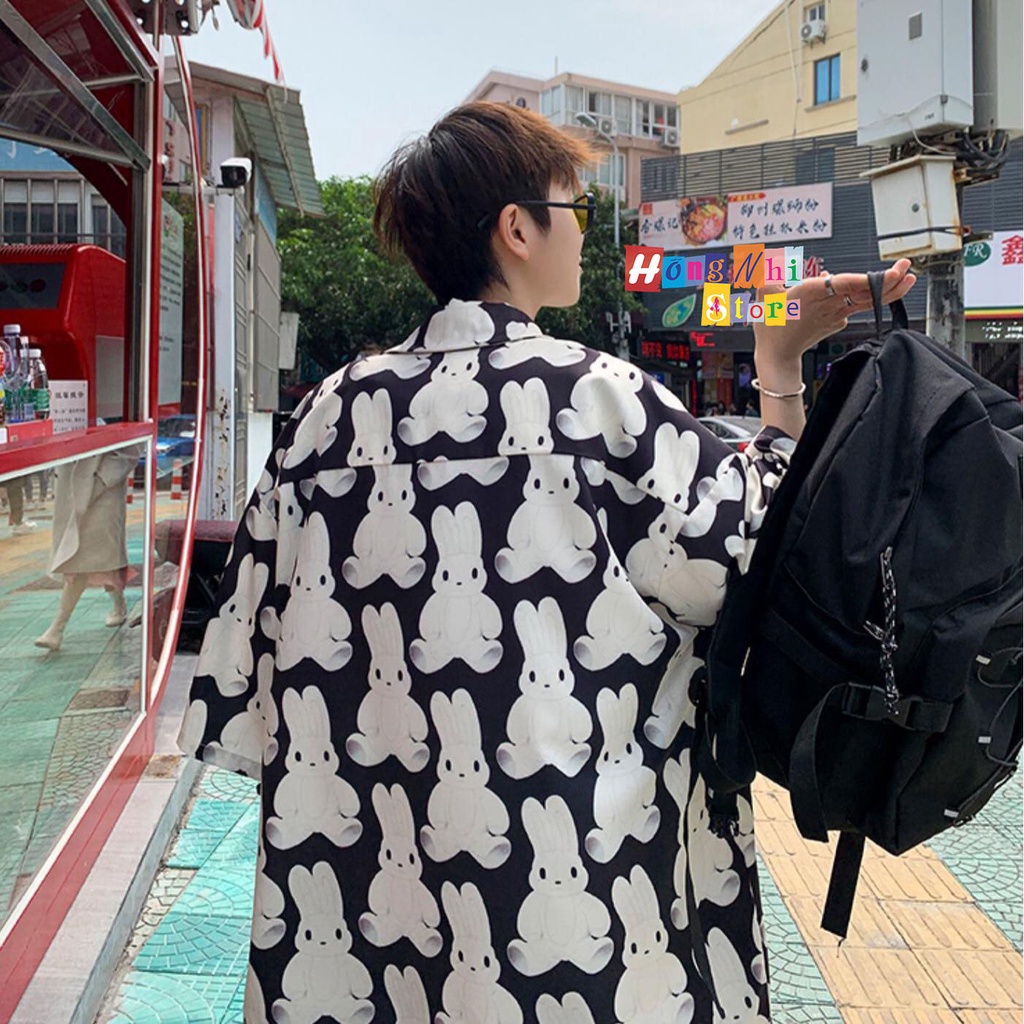 Áo Sơ Mi Họa Tiết Đi Biển Con Thỏ Trắng Hoạt Hình Tay Lỡ Dáng Rộng Ulzzang Unisex - MM