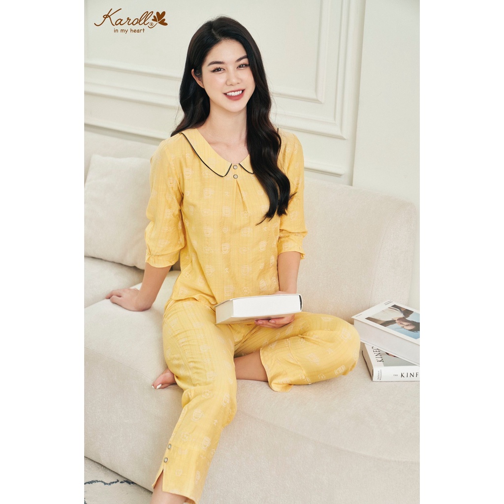 Bộ linen Karoll quần dài tay lỡ họa tiết thỏ cốc NH22.066