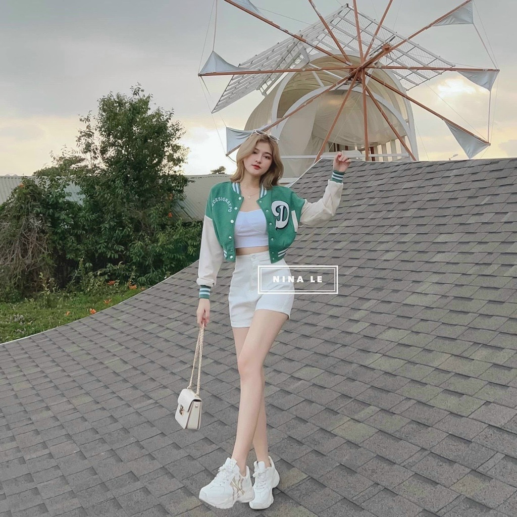ÁO KHOÁC BOMBER NỮ DÁNG CROPTOP NỮ CHẤT NỈ HOẠ TIẾT CHỮ THÊU LOGO NĂNG ĐỘNG