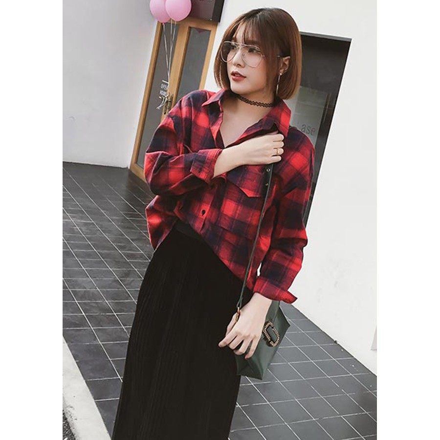Áo sơ mi nữ kẻ caro đỏ đen form rộng phong cách ulzzang dài tay thời trang HÀN QUỐC (NEW 80%)