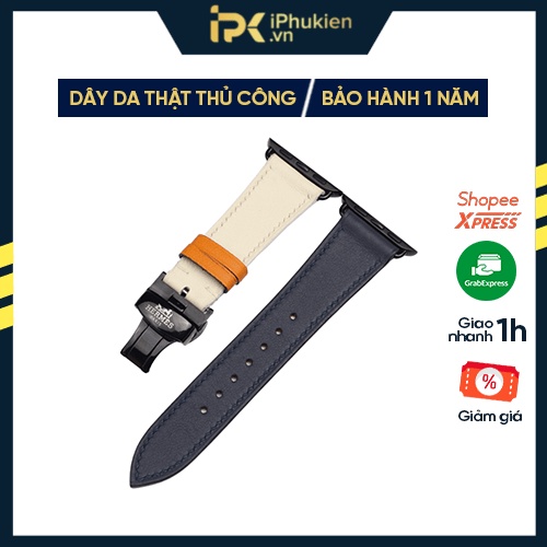 Dây Da Handmade [DA THẬT, BẢO HÀNH 1 NĂM] Swift Xanh Navy Phối Trắng cho Apple Watch Seris 1/2/3/4/5/6/7