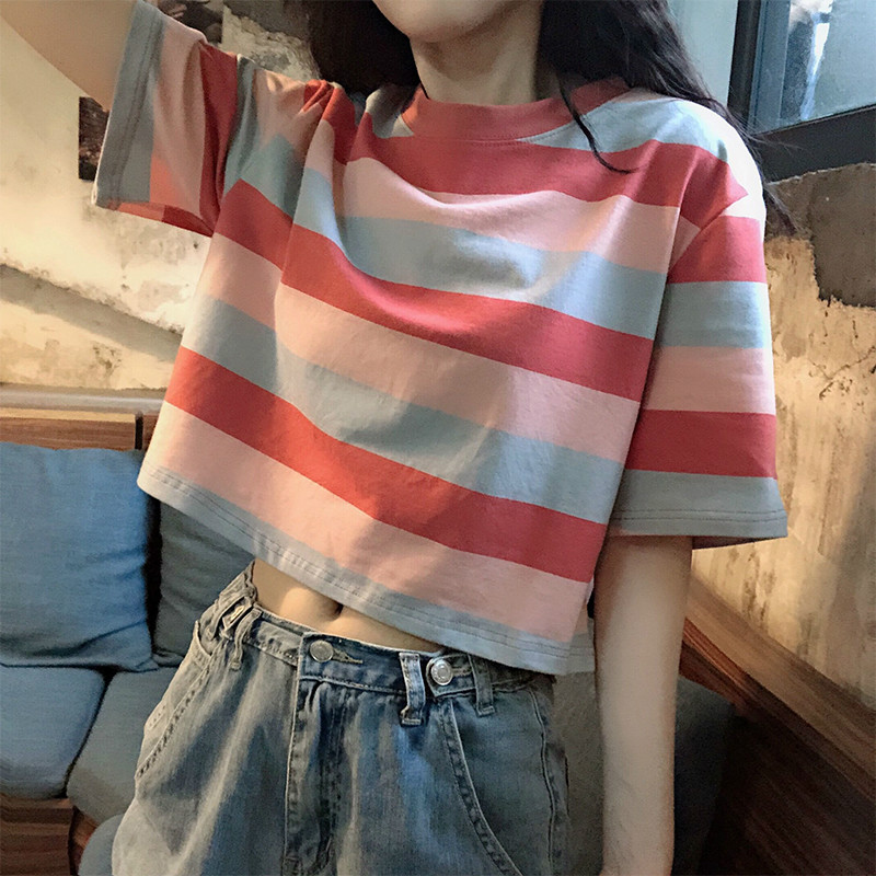 Áo Thun Croptop Kẻ Sọc Phong Cách Hàn Quốc Xinh Xắn Cho Nữ