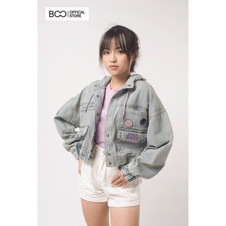Áo Khoác BOO Dài Tay Bò Nữ Dáng Croptop Rộng Bo Chun Gấu Phối Mũ Thêu Hình Starwars Cao Cấp Màu Denim