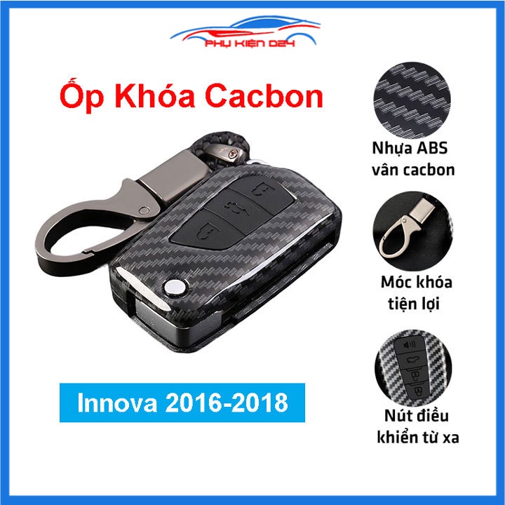 Ốp vỏ bọc chìa khóa xe Innova 2016-2017-2018 bản chìa gập sợi nhựa cacbon kèm móc treo Inox