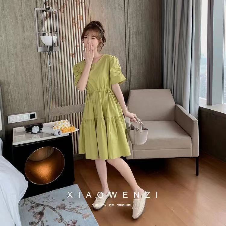Đầm Dáng Chữ A Tay Phồng Chiết Eo Màu Xanh Bơ Dễ Thương
