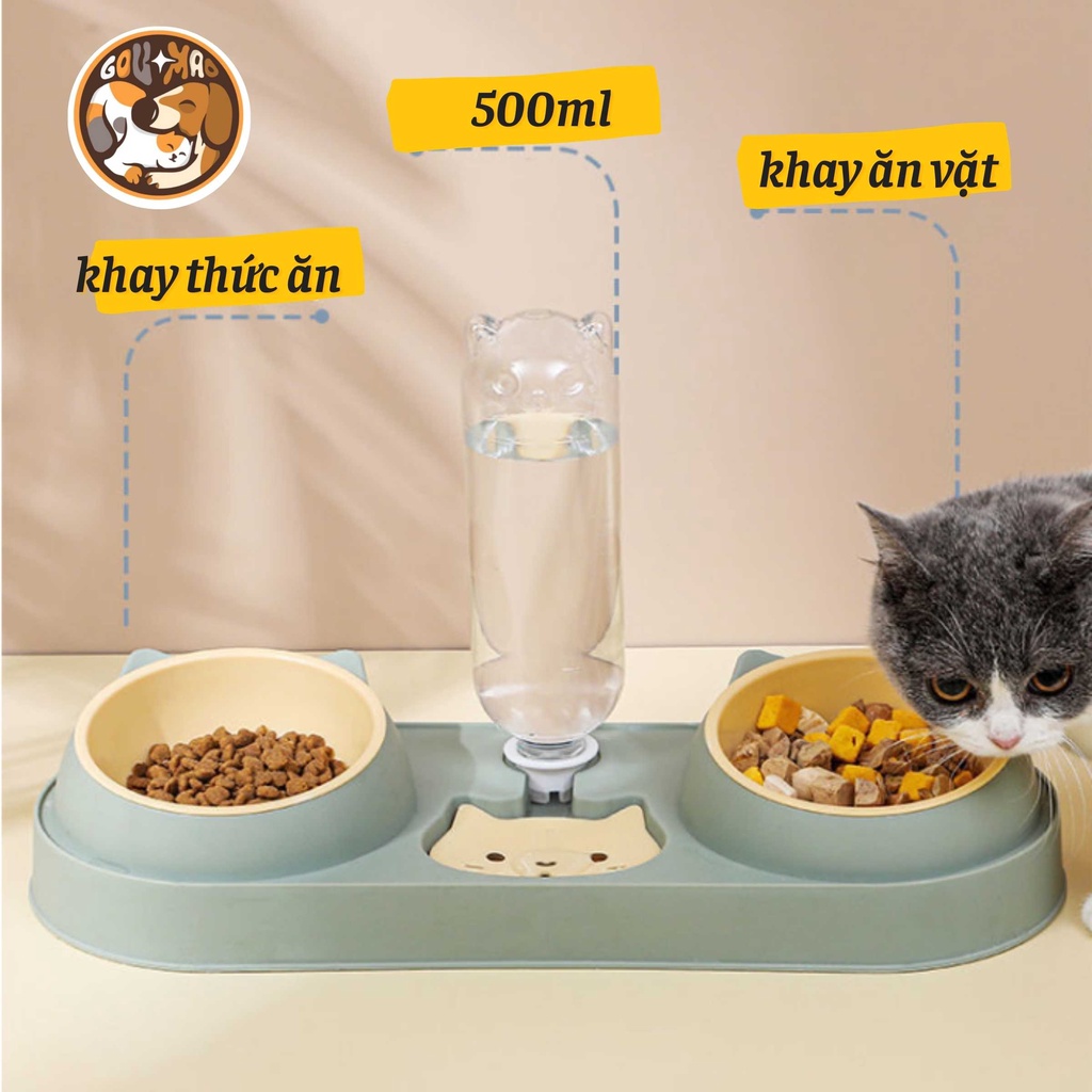 [Ảnh thật] Bát / chén ăn đôi cho chó mèo gắn bình nước tự động - GOUMAO PET