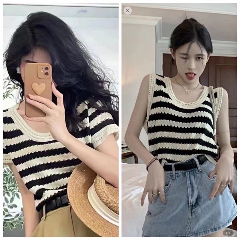 Áo len mongtoghi nữ cộc tay và sát nách kẻ ngang hàng QC