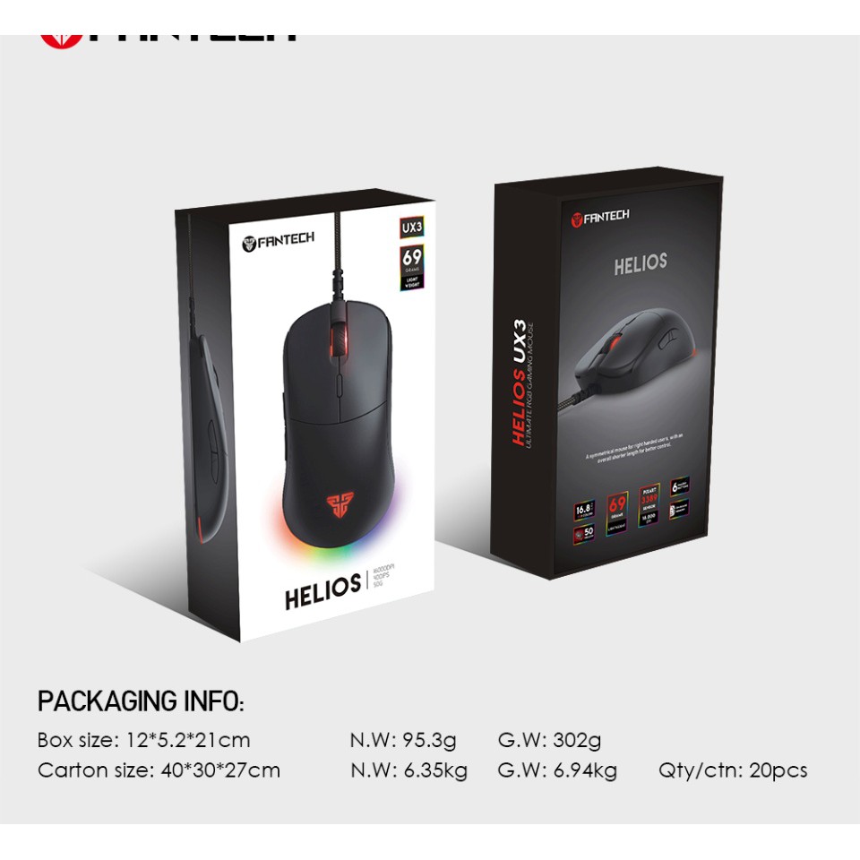 Chuột Gaming Cao Cấp FANTECH UX3 HELIOS 16000DPI Switch Huanno 6 Phím Macro Phần Mềm Tùy Chỉnh Riêng LED RGB