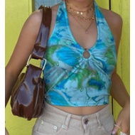◕‿◕Women Halter Tank Tops, Sexy Sleeveless Tie-Dye Print Ruched Ring Front Slim Fit Camisole