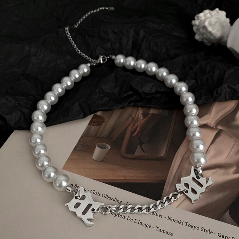 Dây chuyền kiểu ngắn mẫu 19169 đính ngọc trai phong cách hip hop đường phố thời trang dành cho cặp đôi