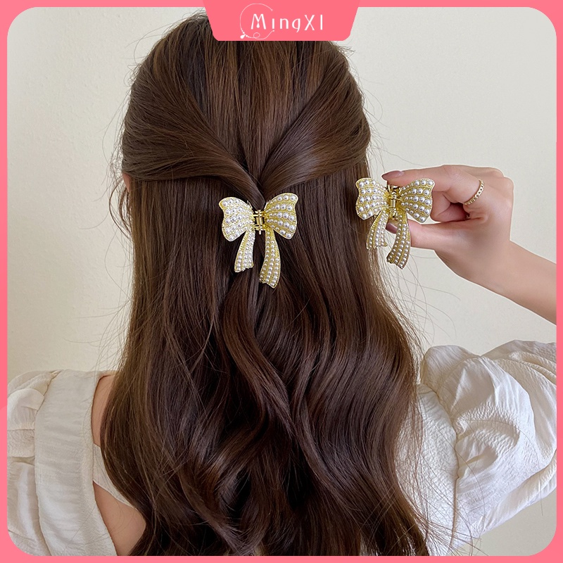 Kẹp Tóc Kim Loại Hình Nơ Đính Ngọc Trai Nhân Tạo Thời Trang