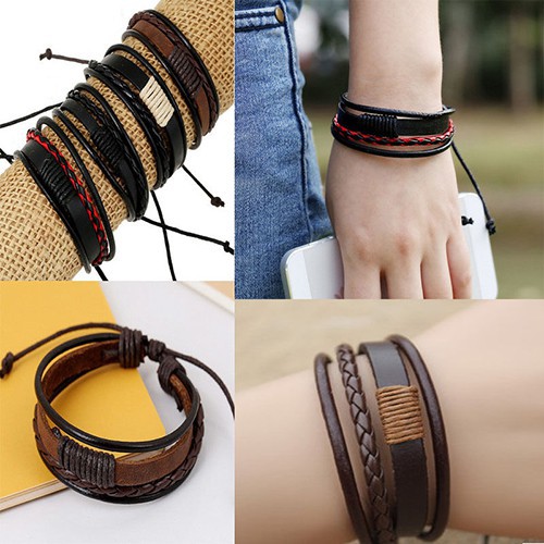 Vòng tay da nhiều sợi phong cách Vintage cho nam và nữ