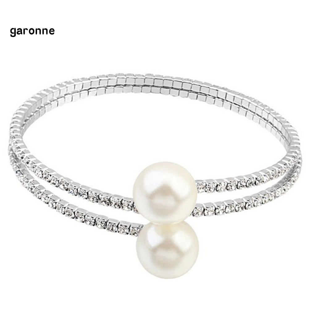 GAR Women Full Rhinestone Multi-layer Wrist Bracelet Faux Pearl Cuff Open Bangle