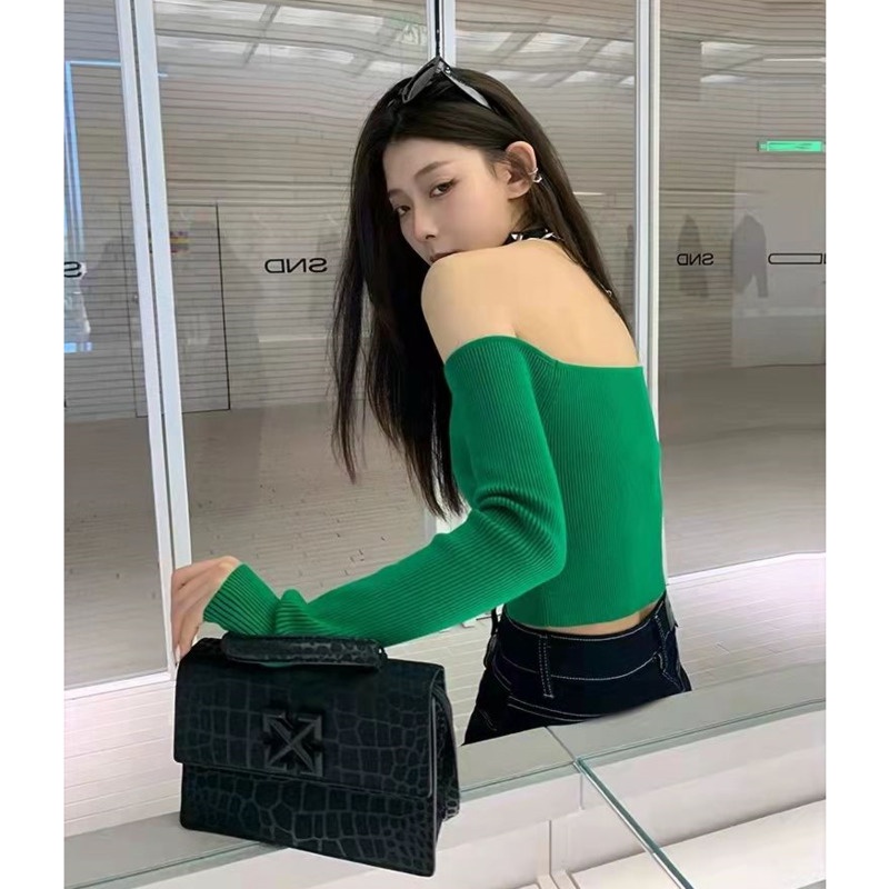 Áo sweater Dệt Kim Mỏng Ngắn Trễ Vai Màu Xanh Lá Thời Trang Mùa Xuân Cho Nữ