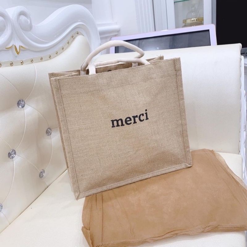 Túi xách cói Merci phong cách Vintage siêu hót màu sáng, có đệm đáy