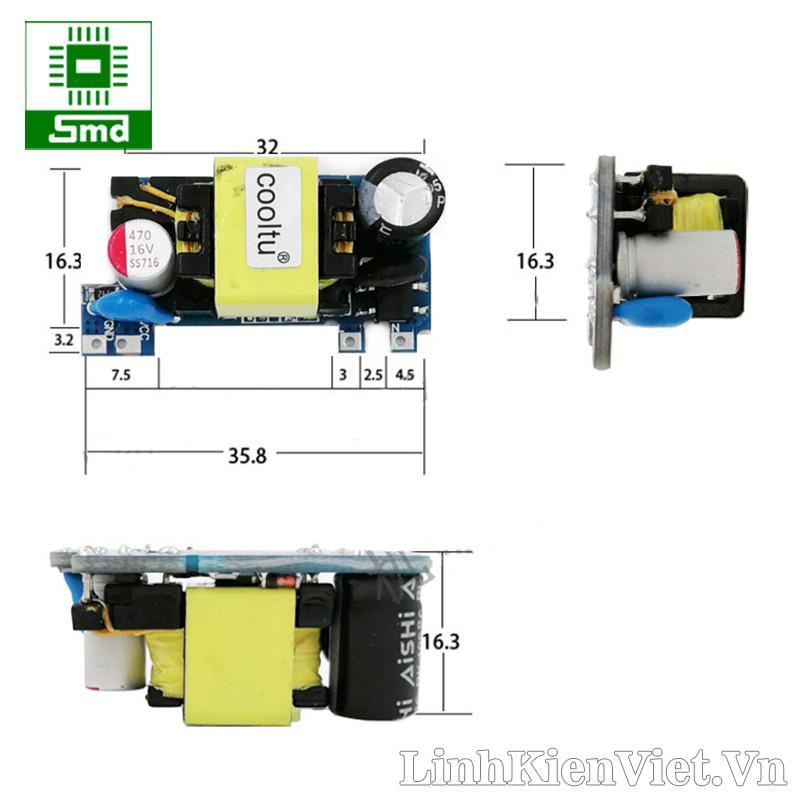 Module nguồn xung mini AC DC 220V 5V 2A 9V 12V 1A 1 hàng chân Mạch nguồn AC tích hợp Chân hàn PCB IOT