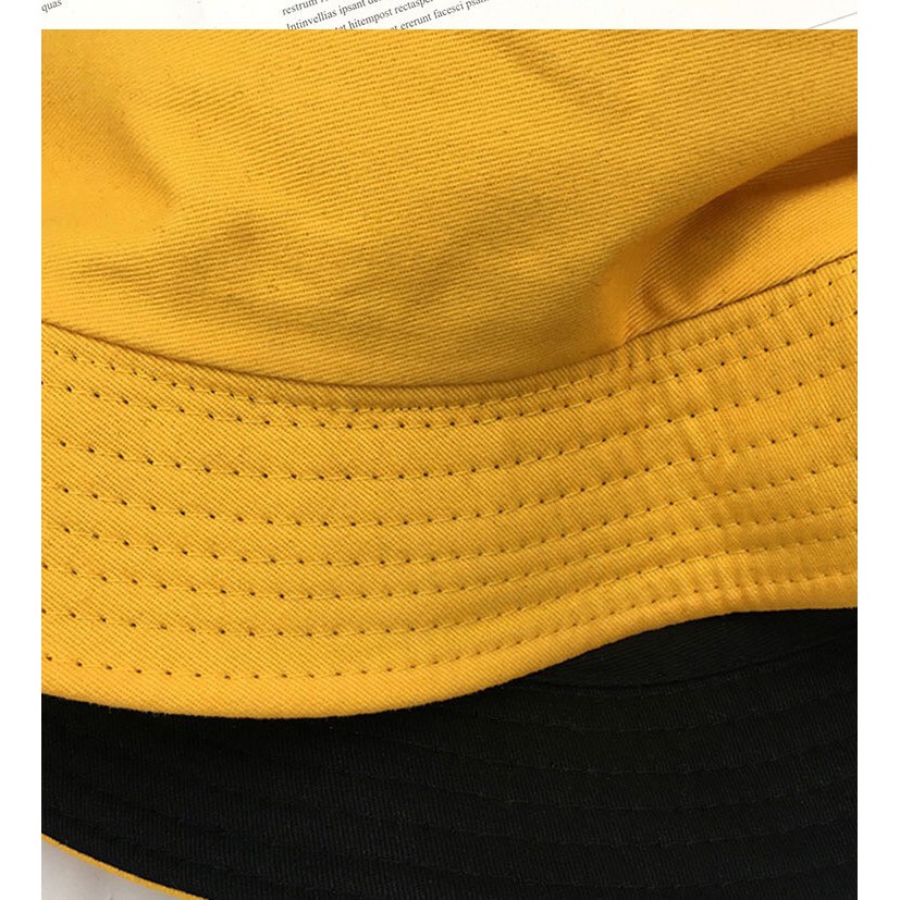 Mũ nón bucket vành rộng nam nữ 2 mặt phối màu vàng đen cao cấp thêu hình mặt cười phong cách Unisex