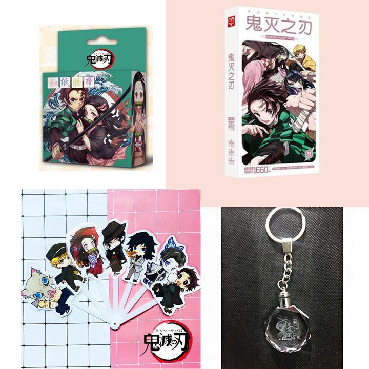 (M19) Combo 4 món anime KIMETSU NO YAIBA gồm cuộn băng dính hộp ảnh postcard quạt cầm tay móc khóa phát sáng