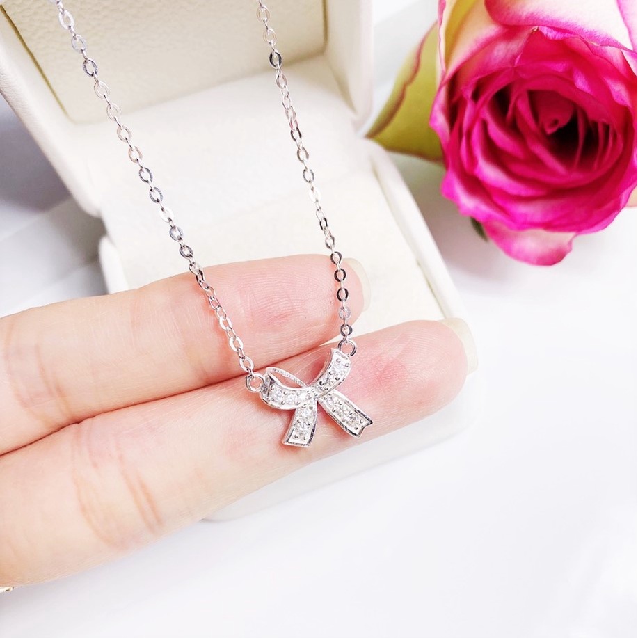 Dây chuyền bạc nữ Evasilver mặt hình nơ gắn đá, Vòng cổ chất liệu bạc thật, sang trọng nữ tính